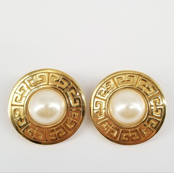 GIVENCHY vintage Greek Key Logo Gold & Pearl Earrings - Picture 1 of 6
